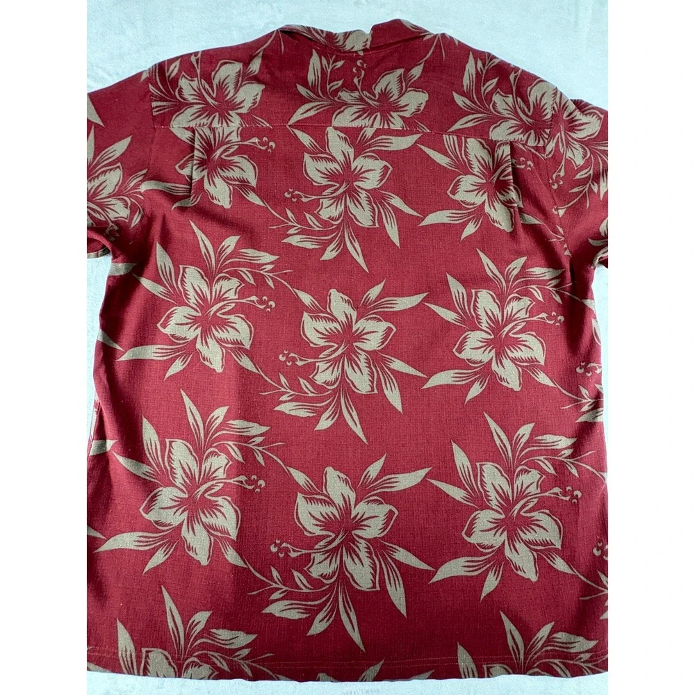 Haggar Mens XL Silk Aloha Shirt Red Tan Floral Hibiscus Short Sleeve Button Up